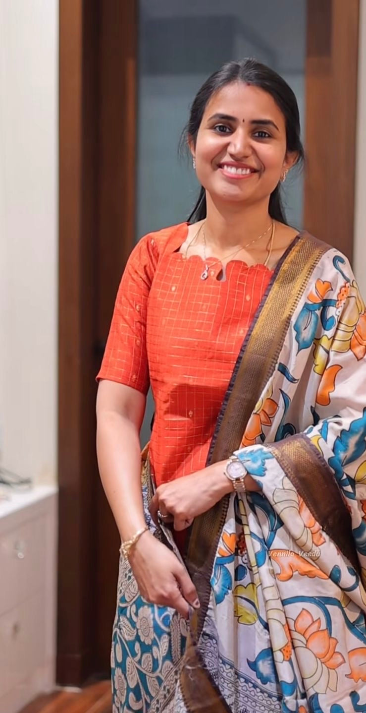 AA177 Rust Orange Raw Silk Kurti With Kalmkari Dupatta
