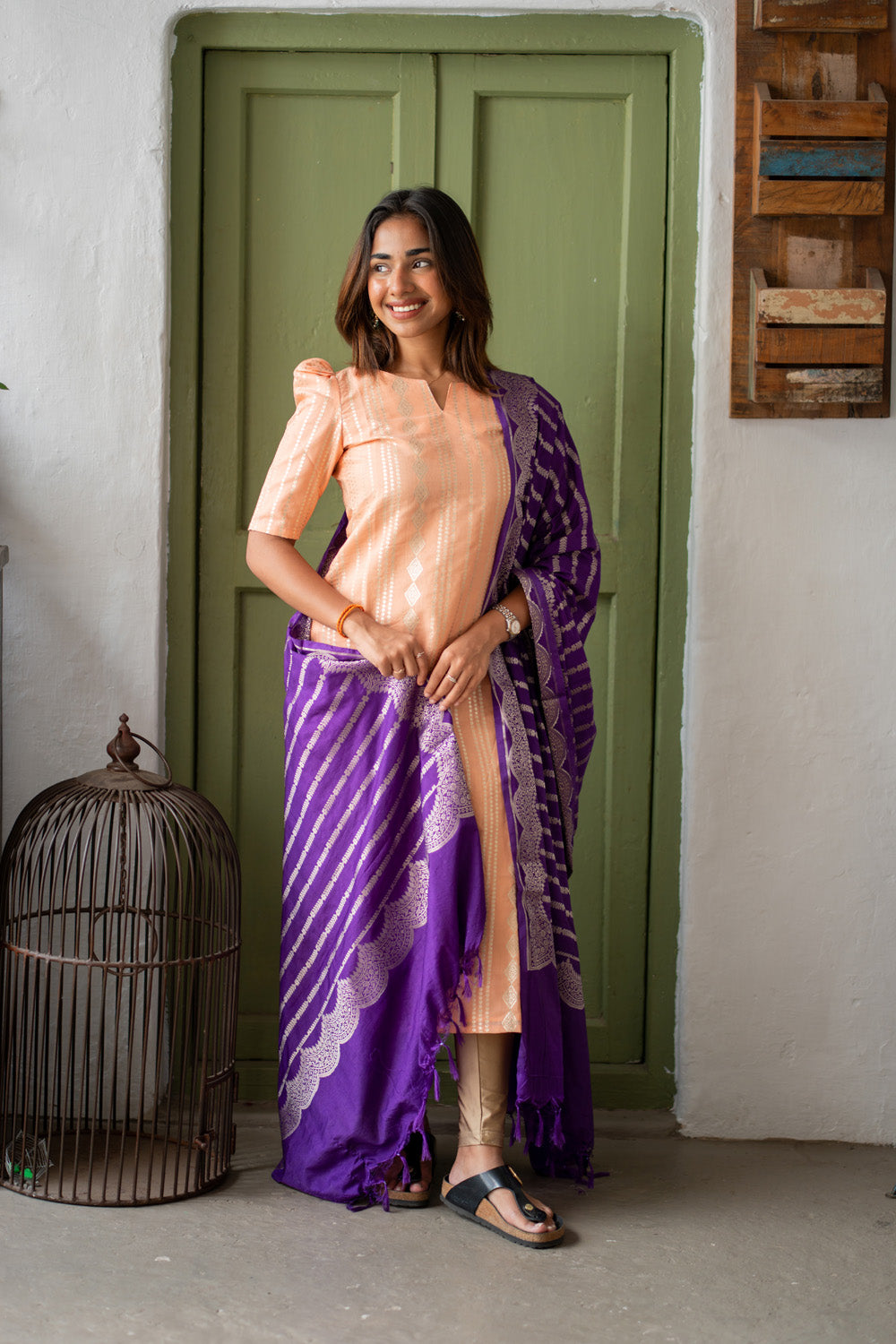 Peach Chanderi Diamond Stripes & Butta Kurti with Violet Banarasi Jacquard Dupatta