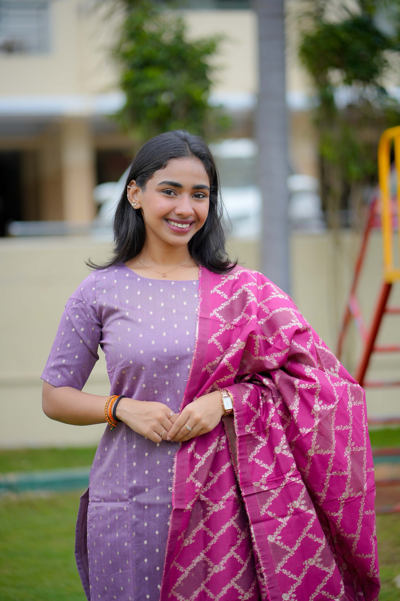 AA112 Lavender Raw Silk Kurti with Pink Brocade Dupatta