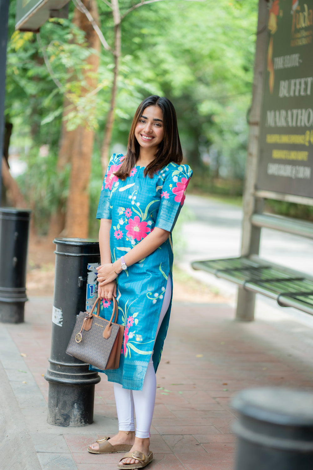 AA276 Peacock Blue Checks With Pink floral Mangalgiri Silk Kurti with Jacquard Border