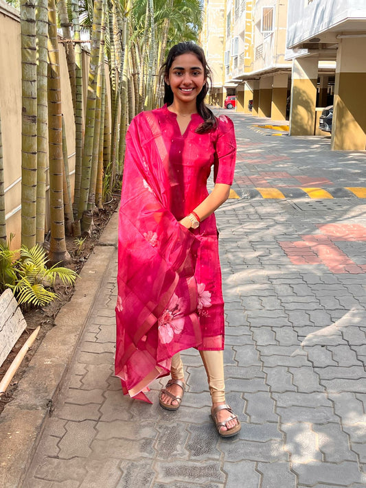 Rani Pink Organza Kurti With Dupatta