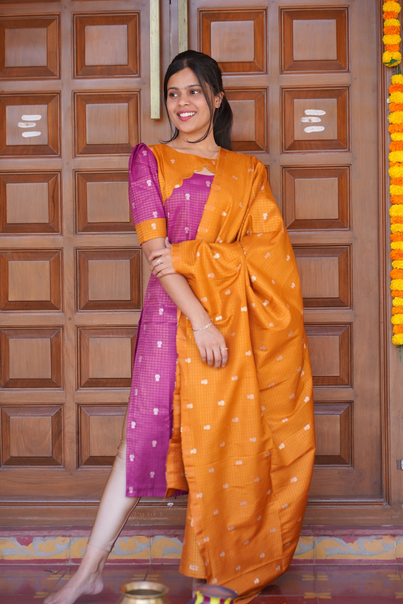 AA159 Violet with Mustard Yellow Combo Dude Silk Kurti with Dupatta