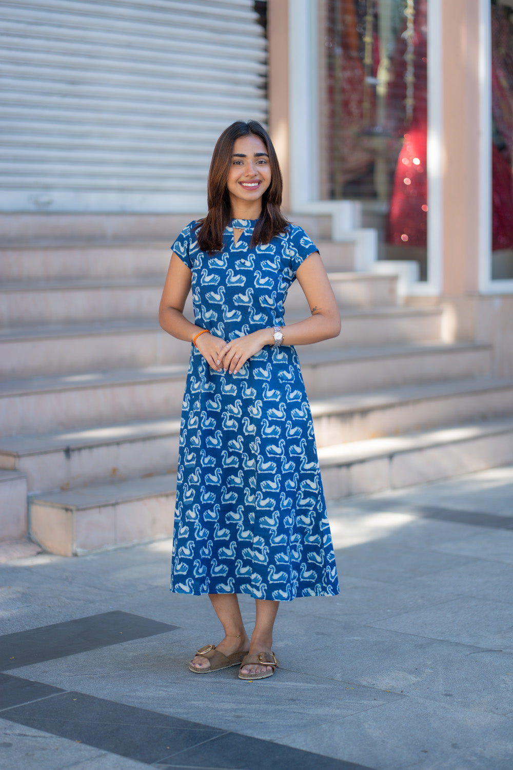 AA265 Indigo Blue Swan Print Cotton Aline Dress