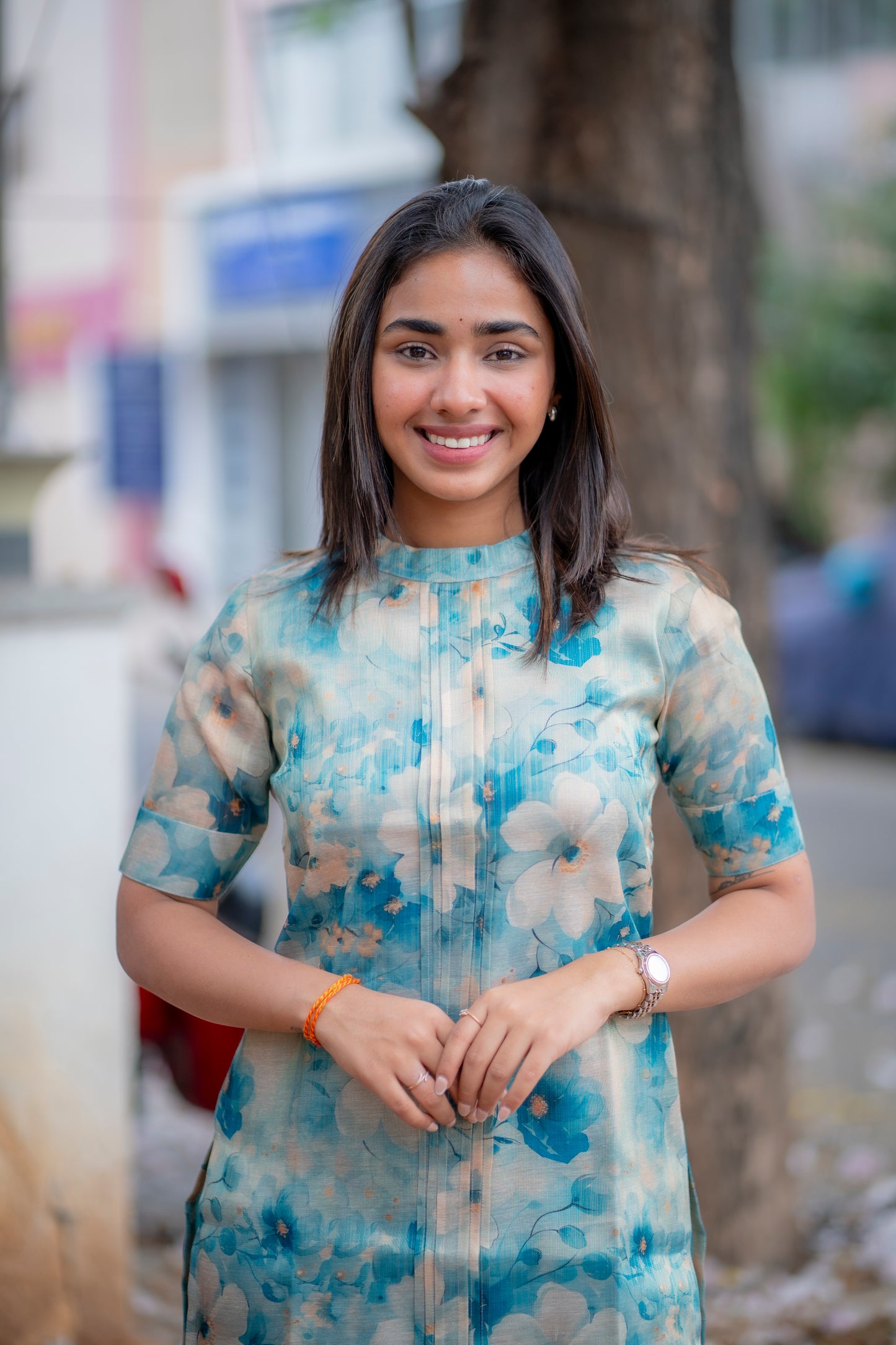 AA184 Blue Digital Print Floral Silk Kurti