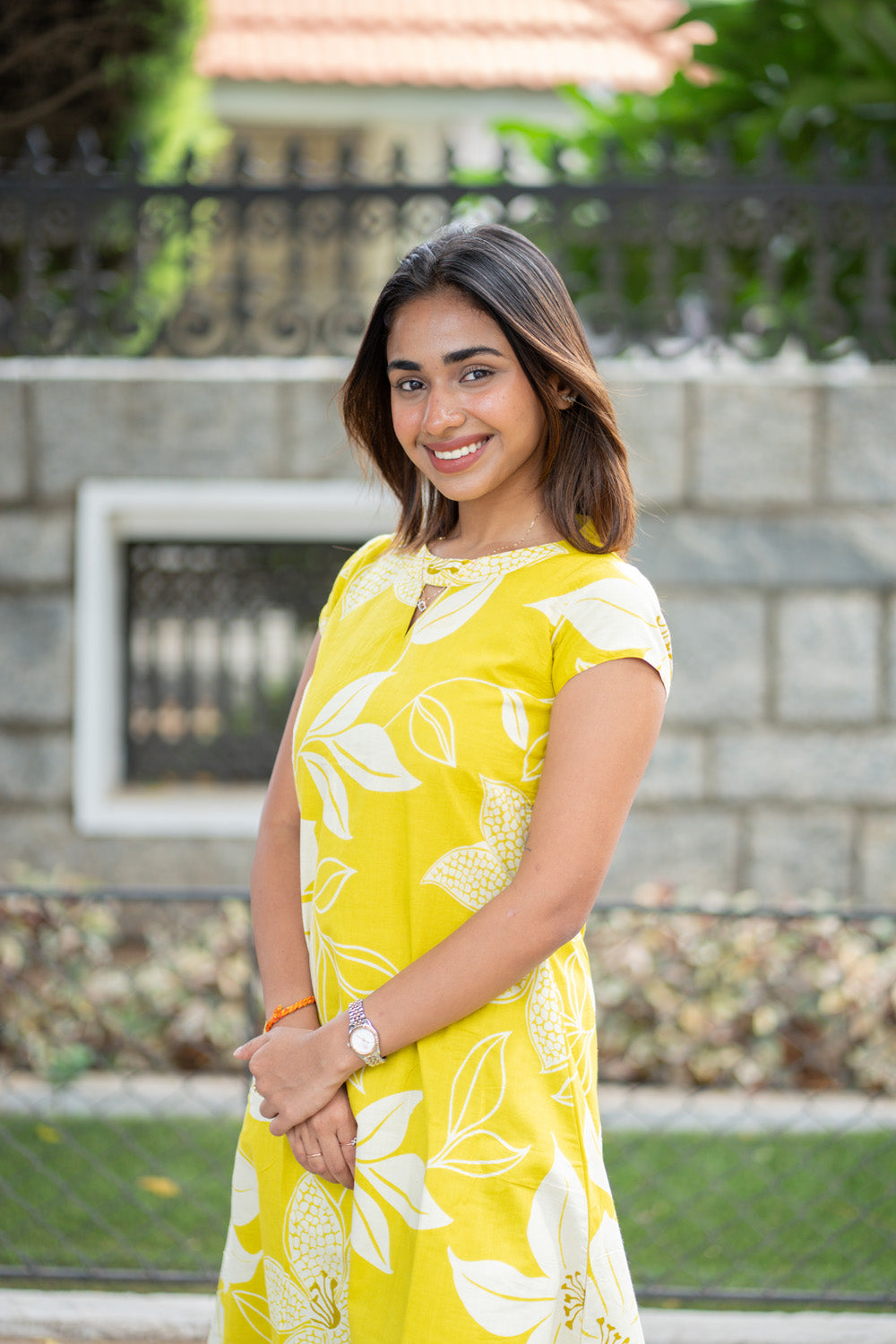 AA302 Neon Yellow Floral Cotton Co-Ord Set(with Lining & Pockets)