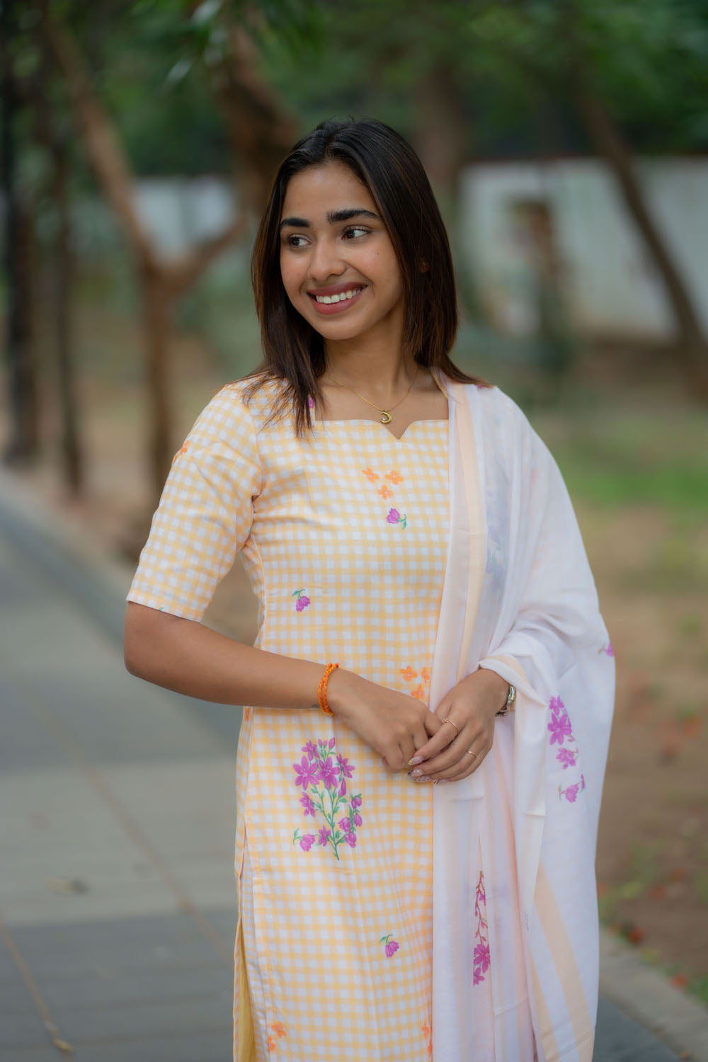 AA247 Yellow with White Checks Floral Cambric Cotton Salwar set