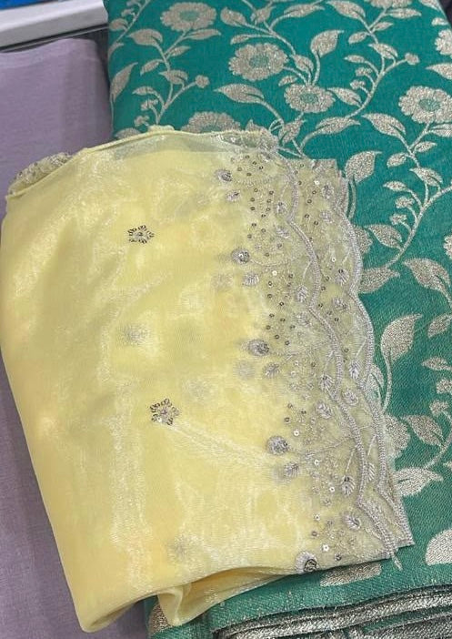 AA285 Turquoise Blue Brocade Silk Kurti With Yellow Shimmer Designer Dupatta