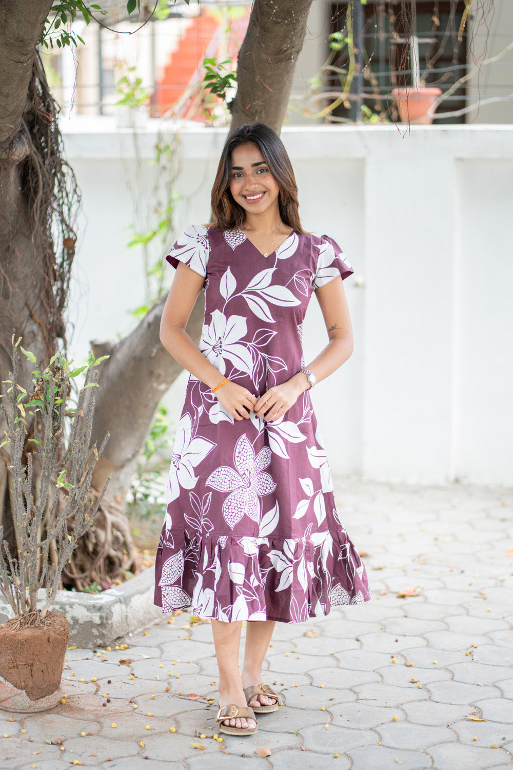 AA305 Purple Wine Floral Cotton Maxi(with Lining)