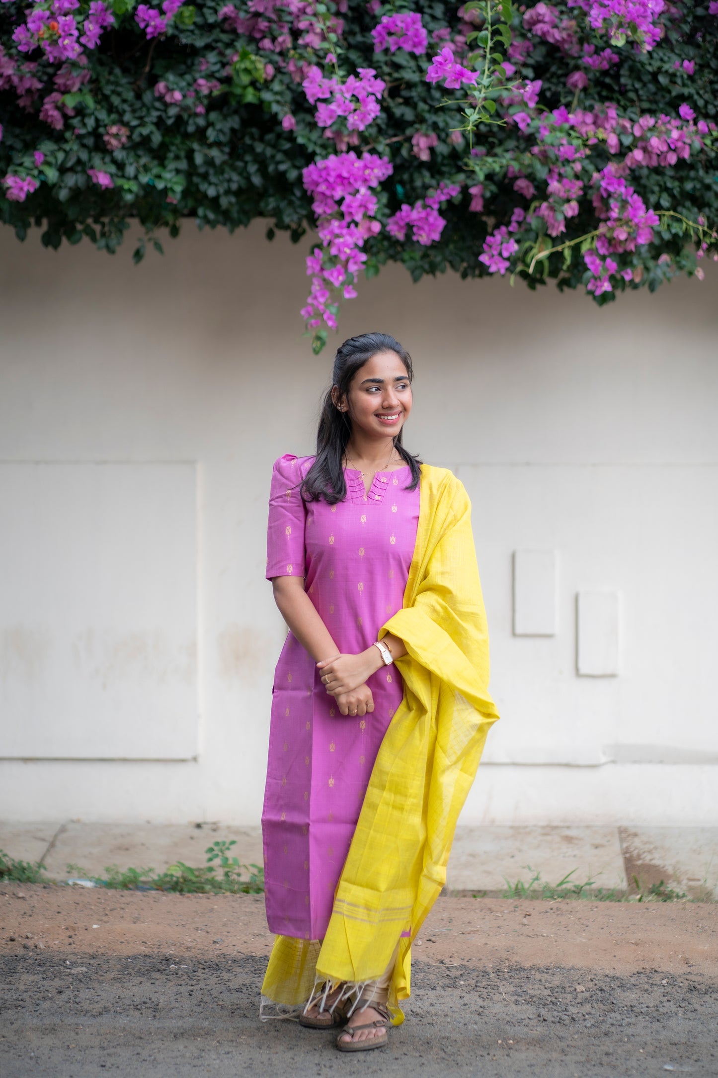 AA095 Lavender Raw Silk Kurti With Neon Colour Dupatta
