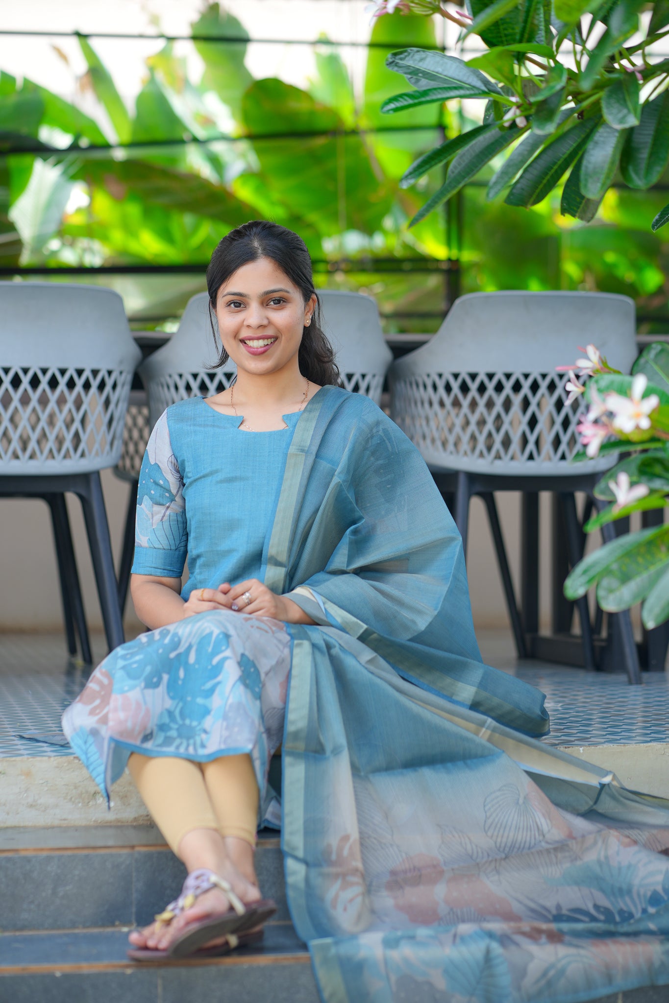 AA128 Teal Blue Tissue Kurti with Dupatta