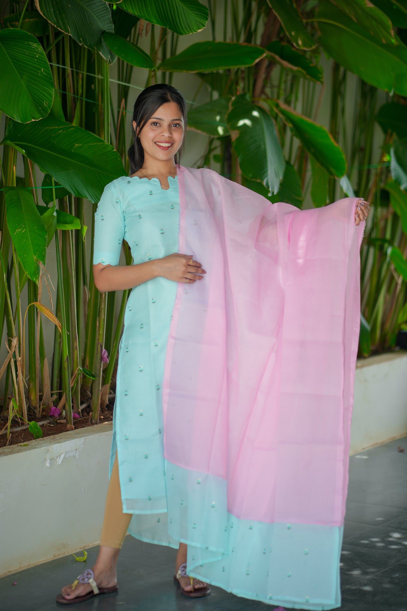 AA129 Blue Kota Kurti with Pink Kota Dupatta