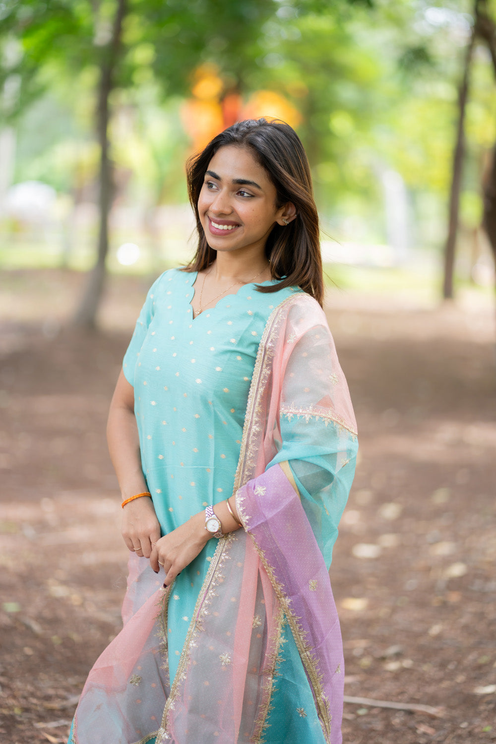 Blue Designer Silk Top & Pant with Multicolour Dupatta