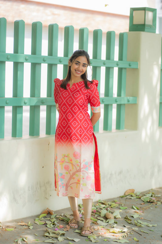 AA237 Red Bandhani with Beige Floral Parrot Print Kurti