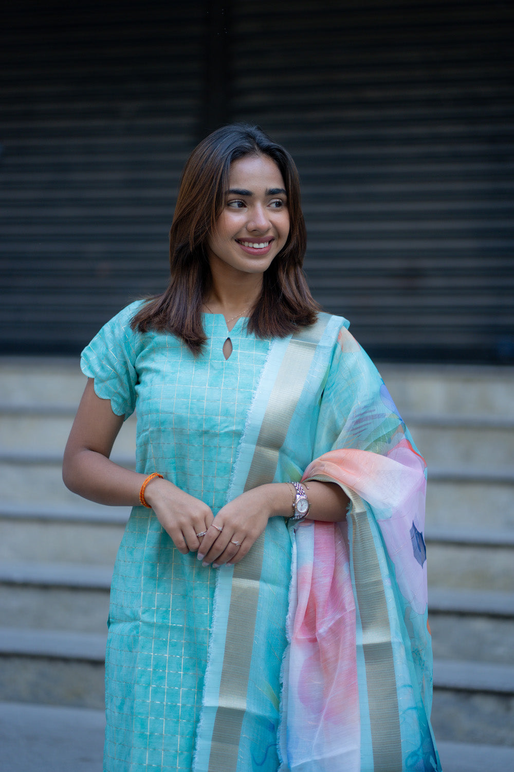 AA262 Blue Checks Digital Silk Salwar