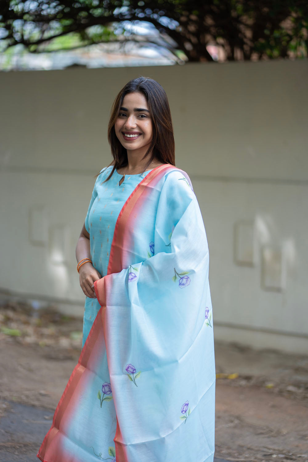 AA254 Blue with Golden motifs & Floral Print Kota Cotton Salwar Set