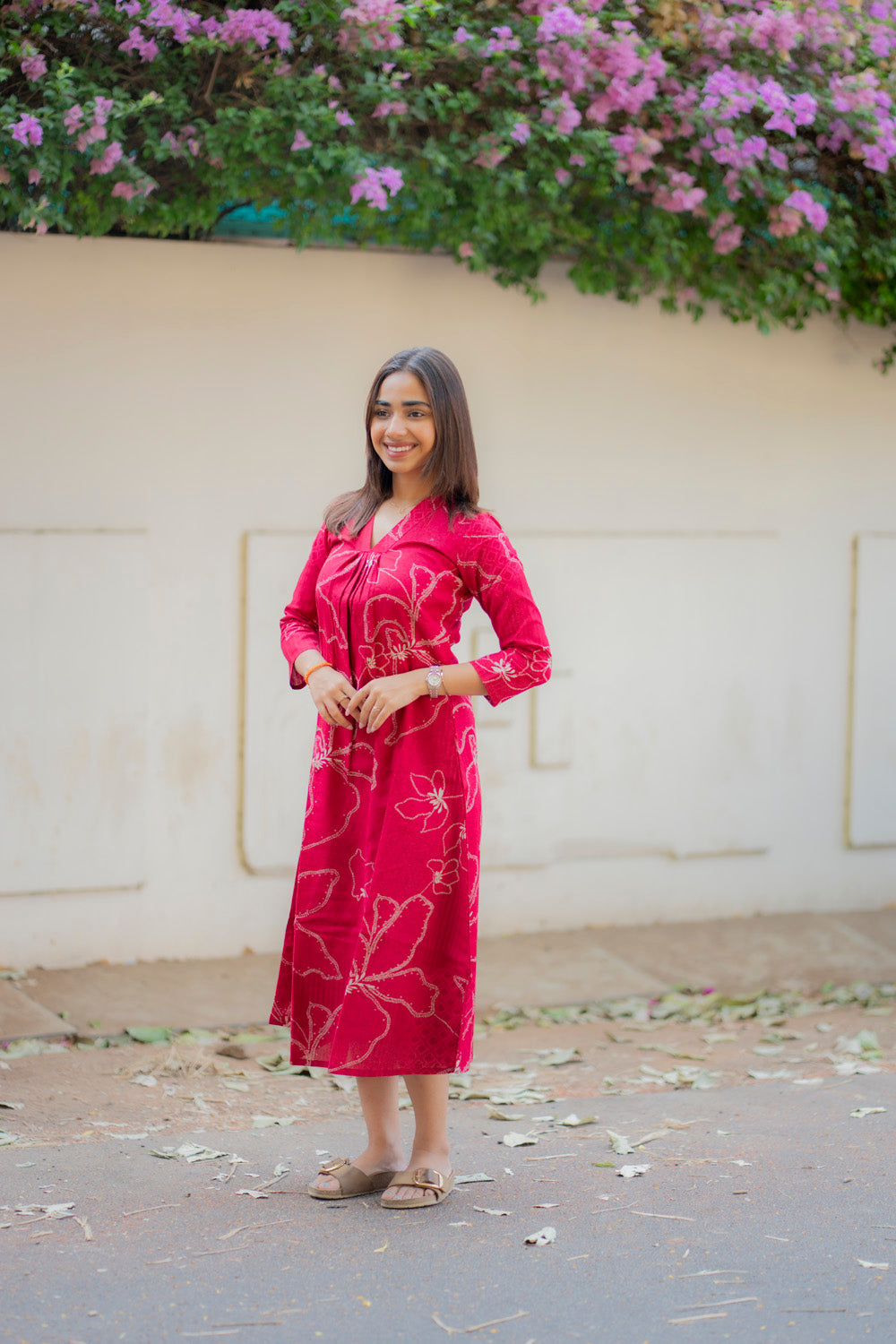 AA233 Raspberry Bandhani Floral print Flex Cotton Aline Kurti