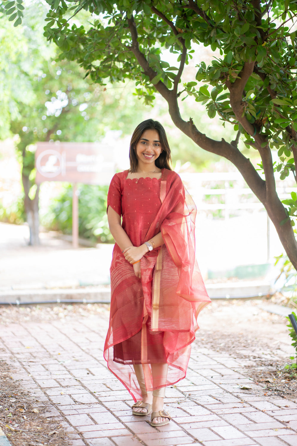 AA296 Red Chanderi Tissue Silk With Golden Motifs Kurti with Dupatta