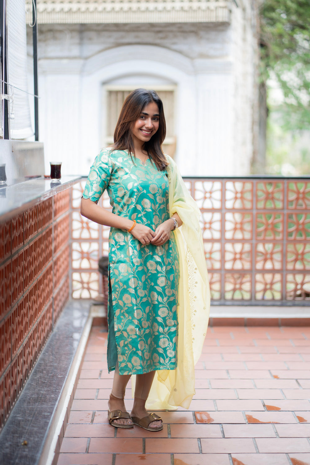 AA285 Turquoise Blue Brocade Silk Kurti With Yellow Shimmer Designer Dupatta