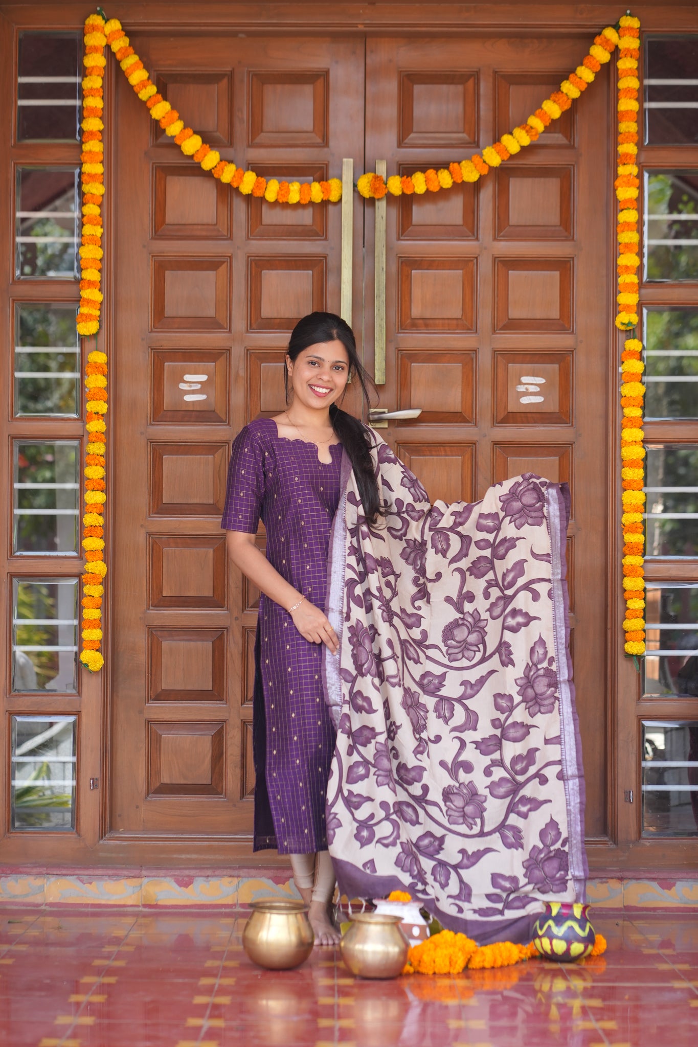 AA164 Violet Raw Silk Kurti with Kalamkari Dupatta