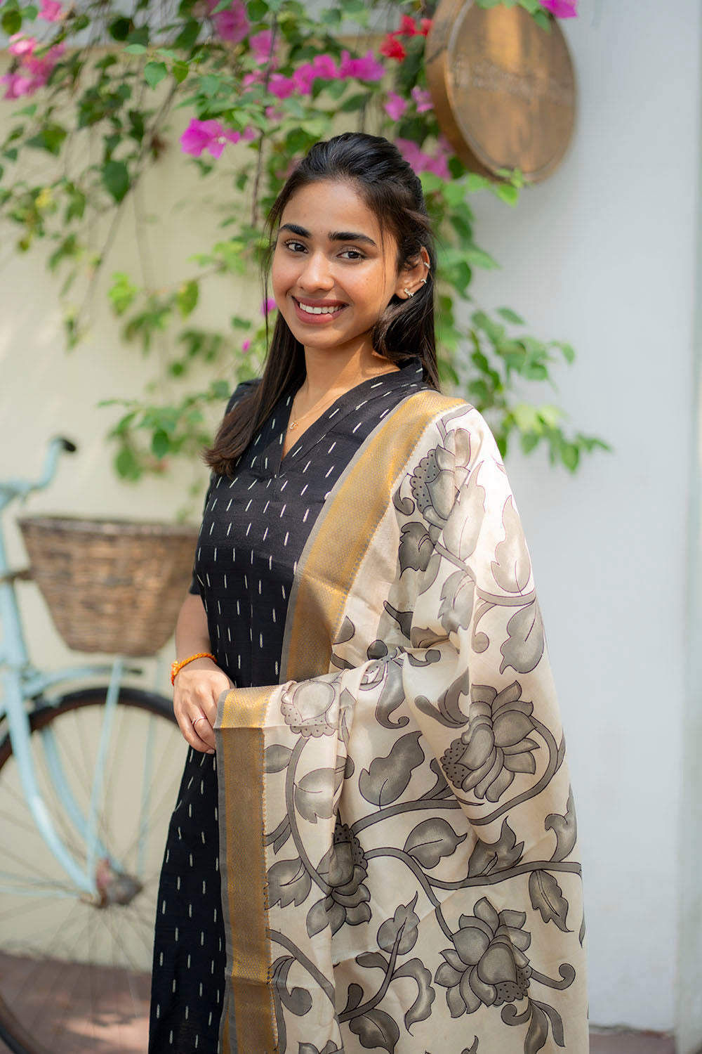 AA205 Black Raw Silk Kurti with Kalmkari Dupatta