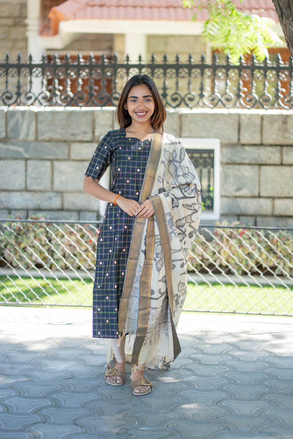 AA261 Black Checks Raw Silk Kurti with Kalmkari Dupatta