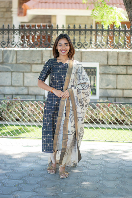 AA261 Black Checks Raw Silk Kurti with Kalmkari Dupatta
