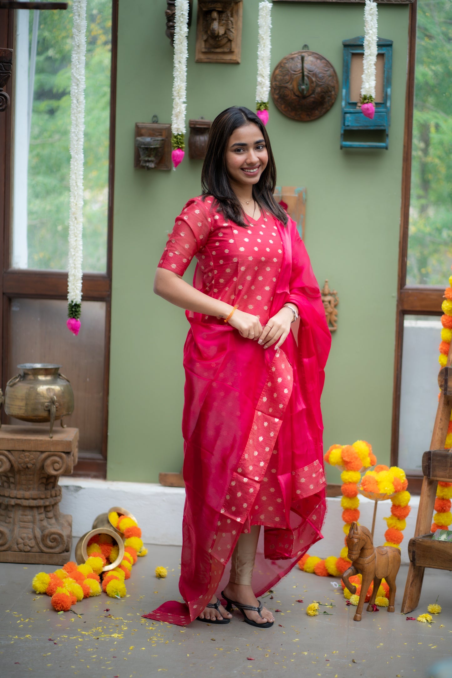 AA147 Rani Pink Chanderi Jacquard Silk Kurti With Shimmer Silk Dupatta