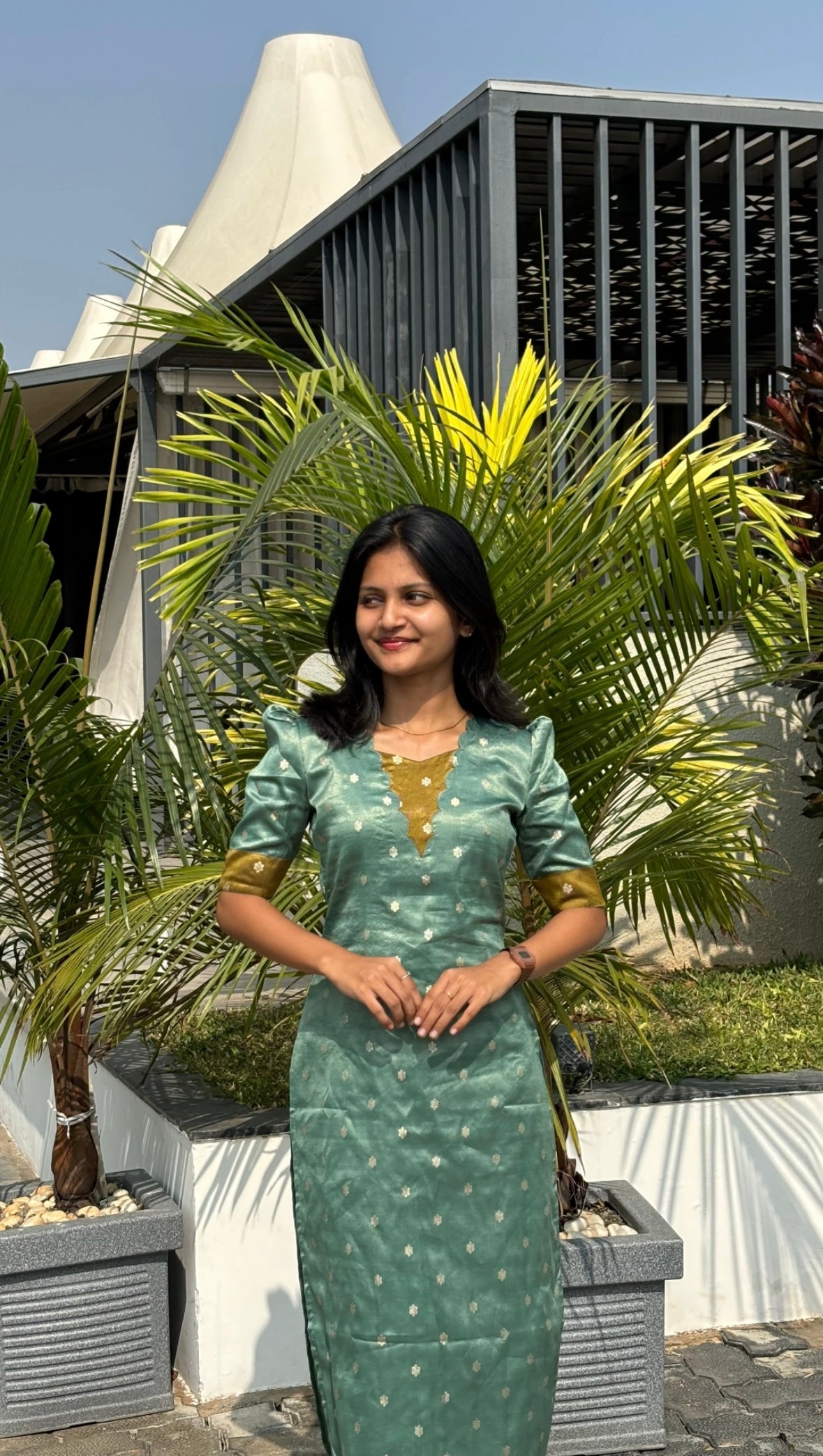 AA180 Teal Blue With Mustard Combo Shimmer Silk Kurti (warning :Don’t Iron)
