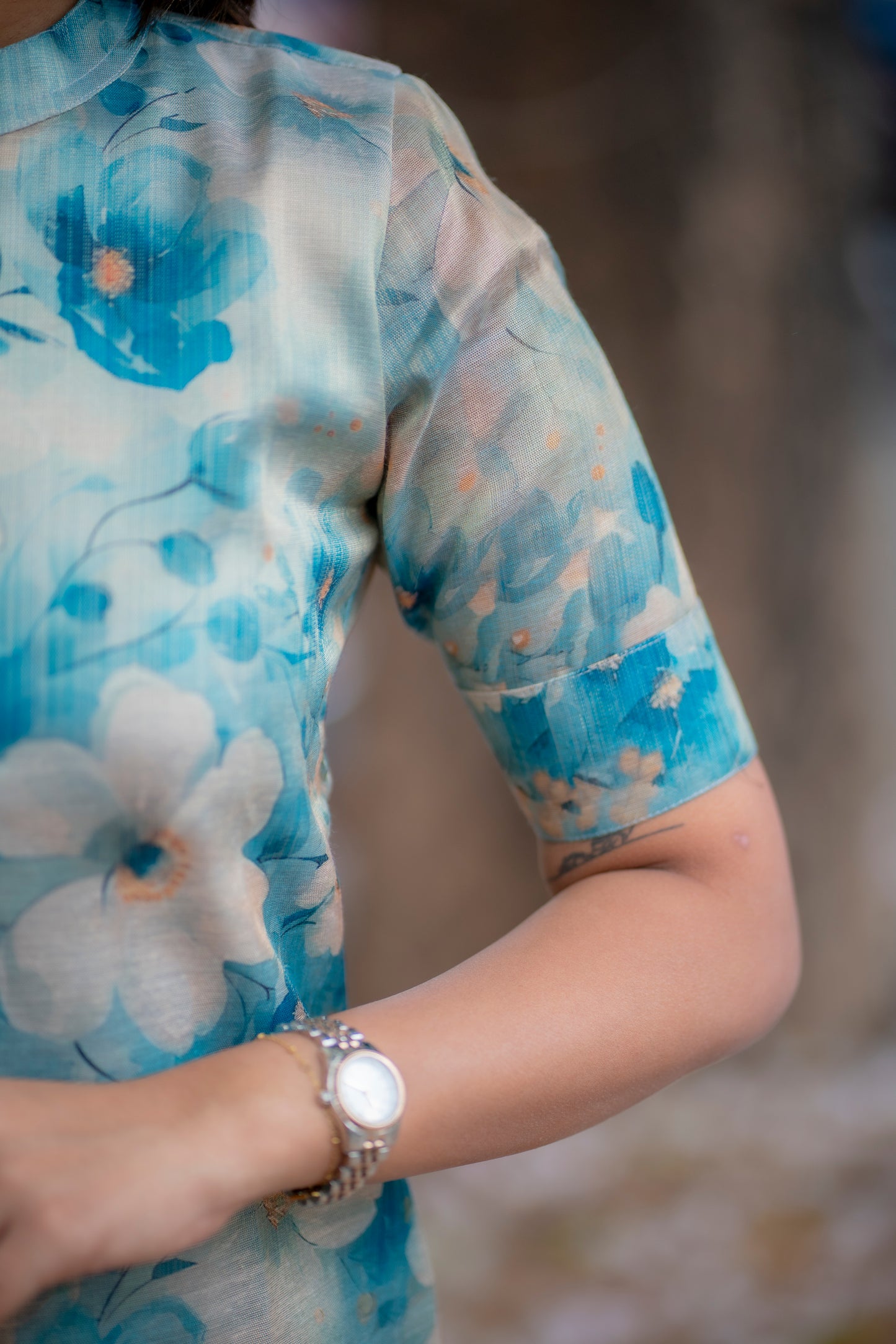 AA184 Blue Digital Print Floral Silk Kurti