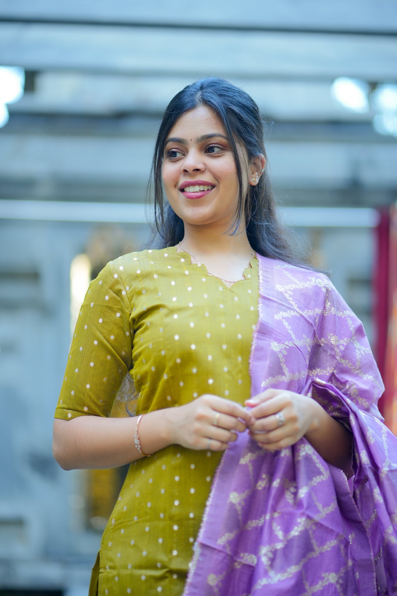 AA104 Mustard  Raw Silk Kurti with lavender Brocade Dupatta (Festive wear)