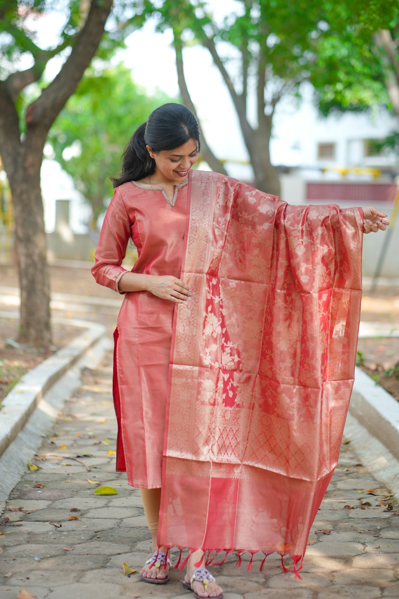 AA124 Rust Red Tissue Silk kurti with Brocade Silk Dupatta