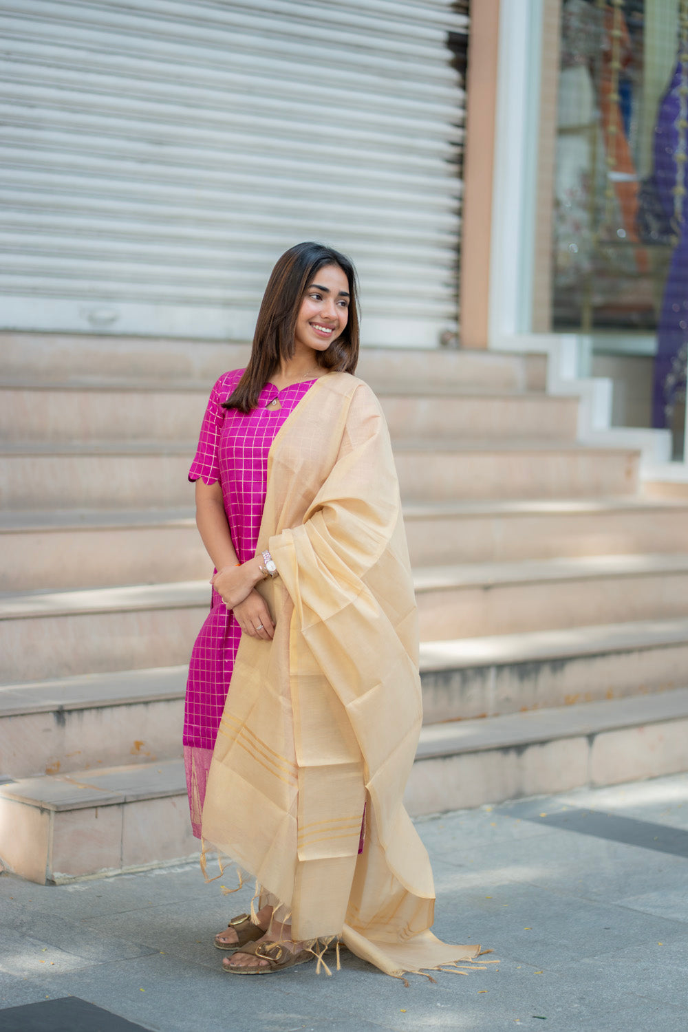 AA278 Magenta Pink Checks with Temple Border Dolla Silk Kurti with Golden Tissue Silk Dupatta