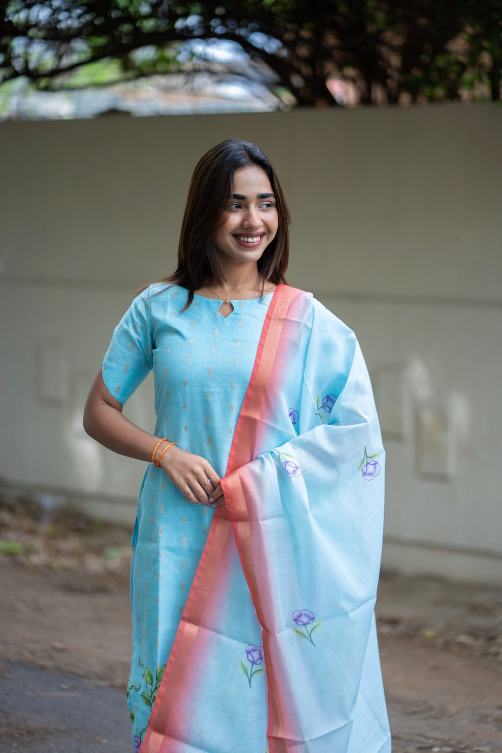AA254 Blue with Golden motifs & Floral Print Kota Cotton Salwar Set