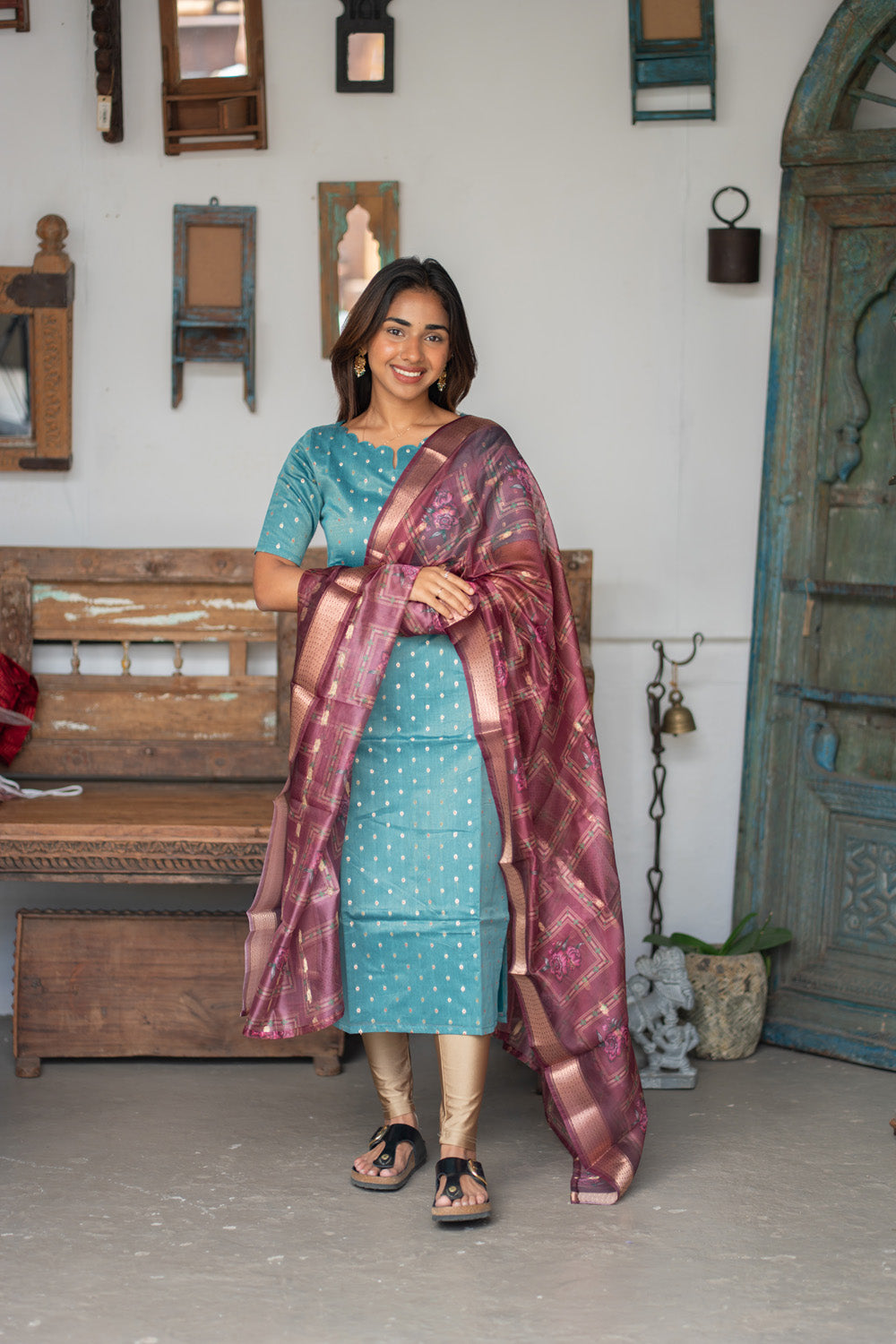 Blue Raw Silk Kurti with Beautiful Motifs paired with Organza Dupatta