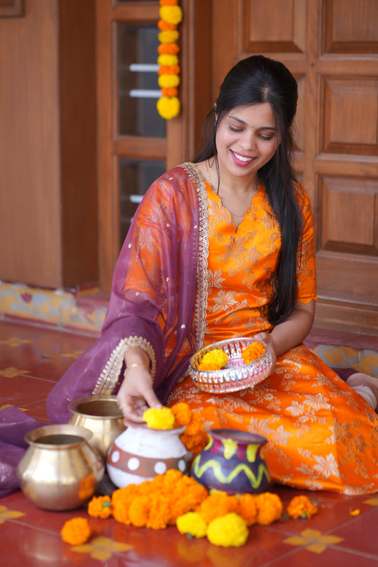 AA152 Dark Orange Brocade Silk Kurti with Wine Organza Sequence Dupatta