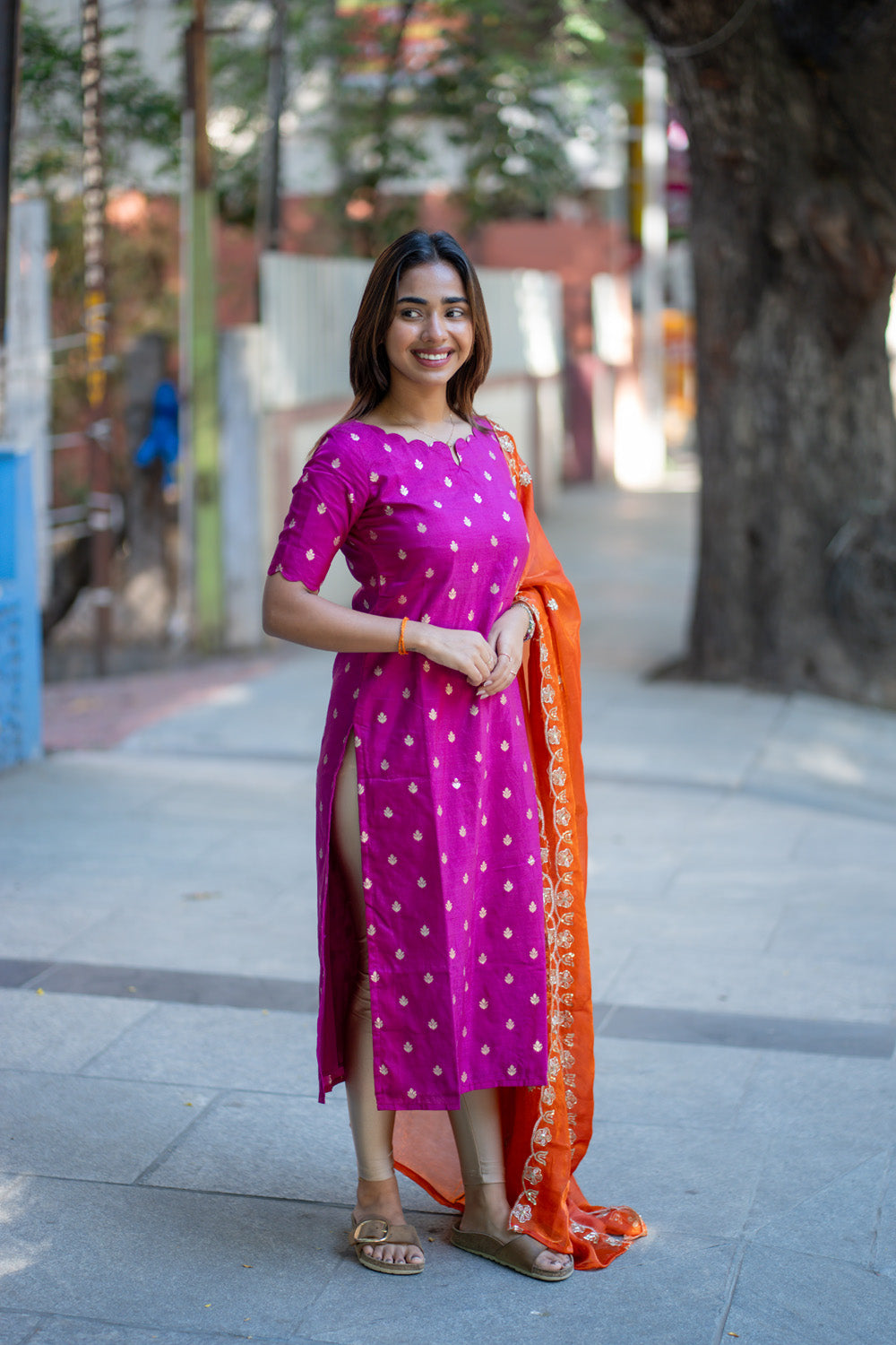 AA264 Pink Banarasi Silk Kurti with Rust Orange Silk Dupatta