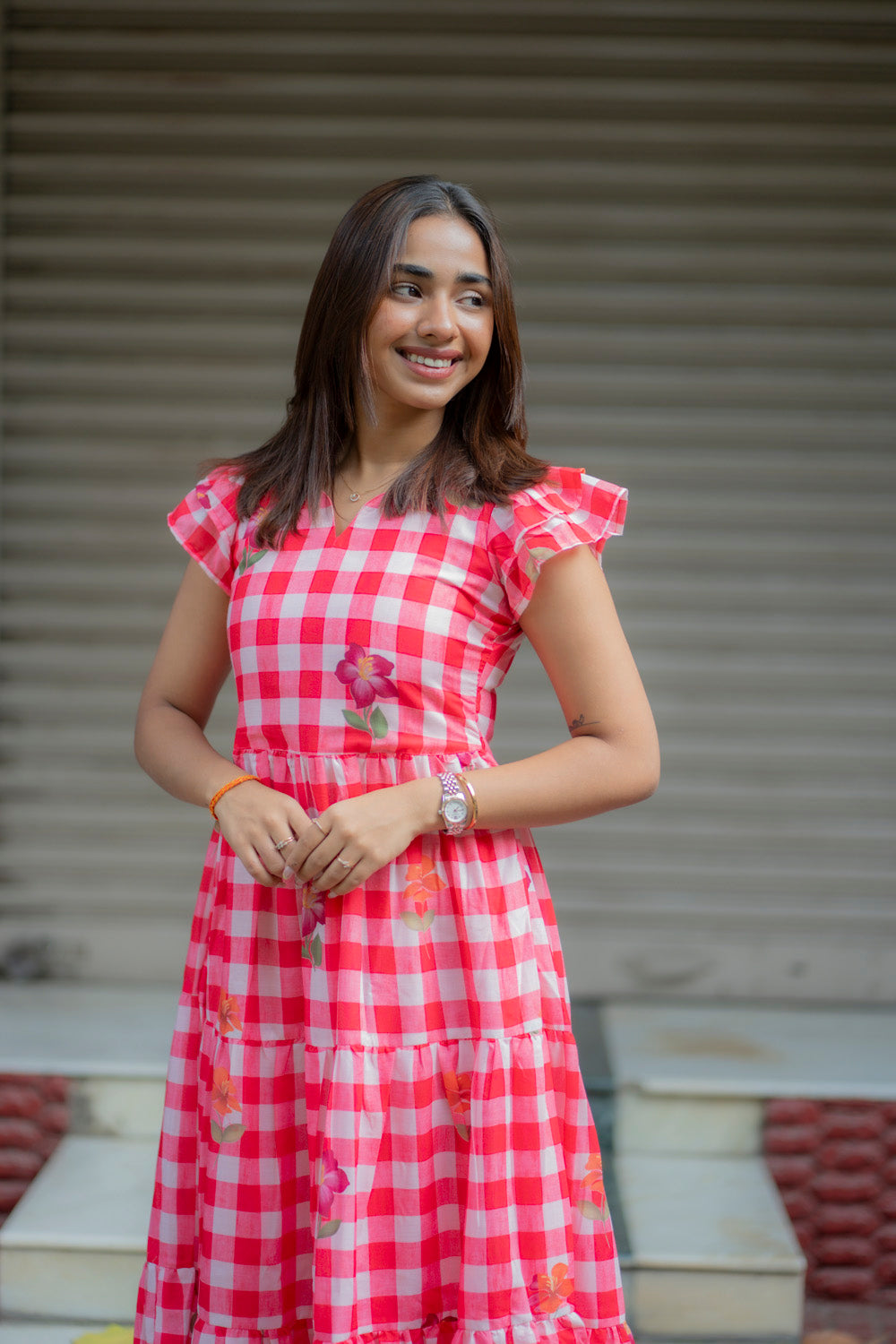 AA231 Red Checks floral Cotton Maxi