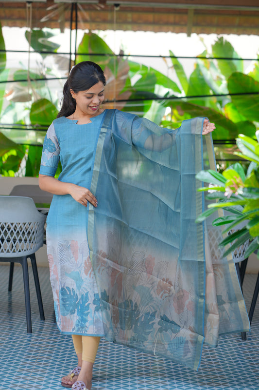 AA128 Teal Blue Tissue Kurti with Dupatta