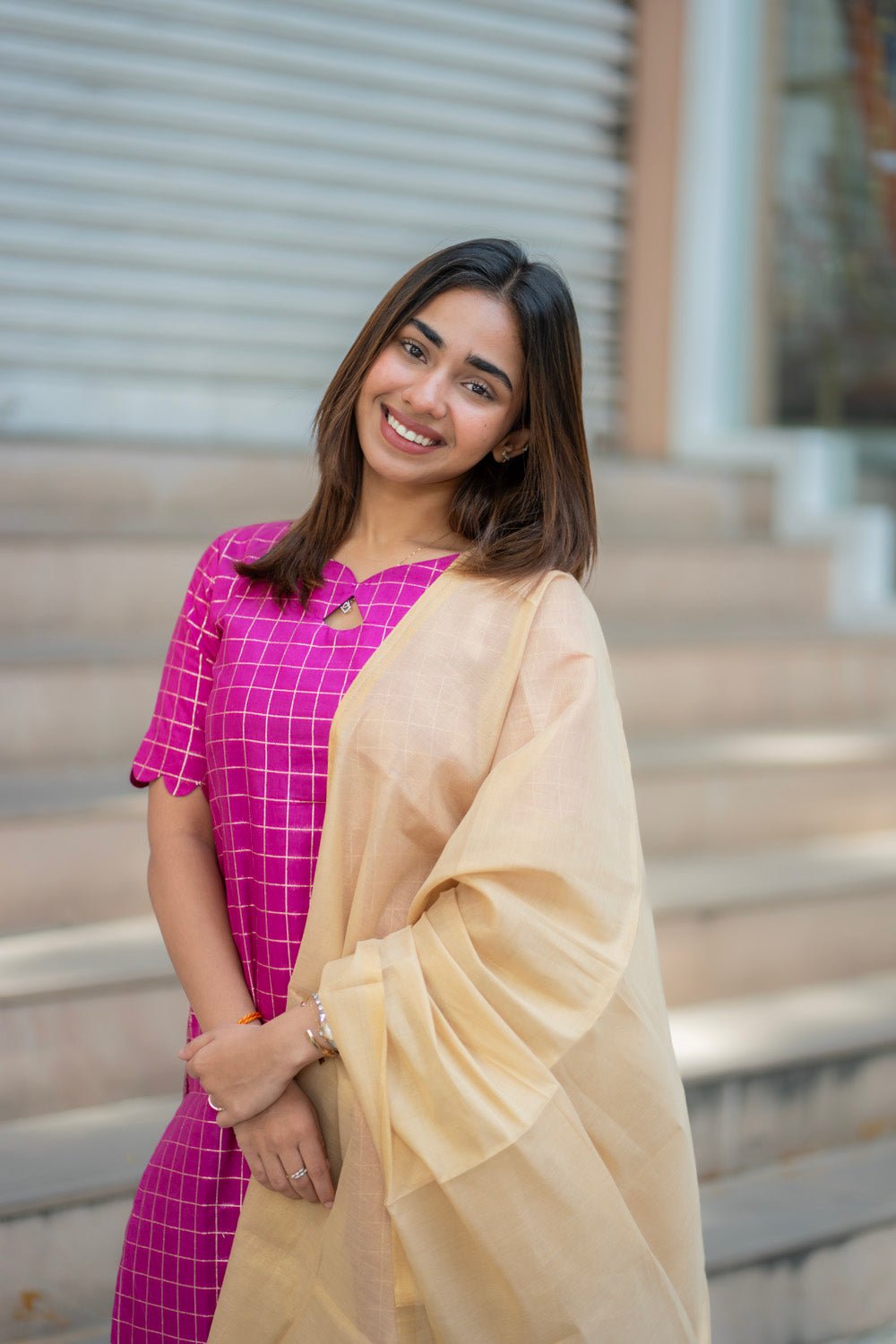 AA278 Magenta Pink Checks with Temple Border Dolla Silk Kurti with Golden Tissue Silk Dupatta