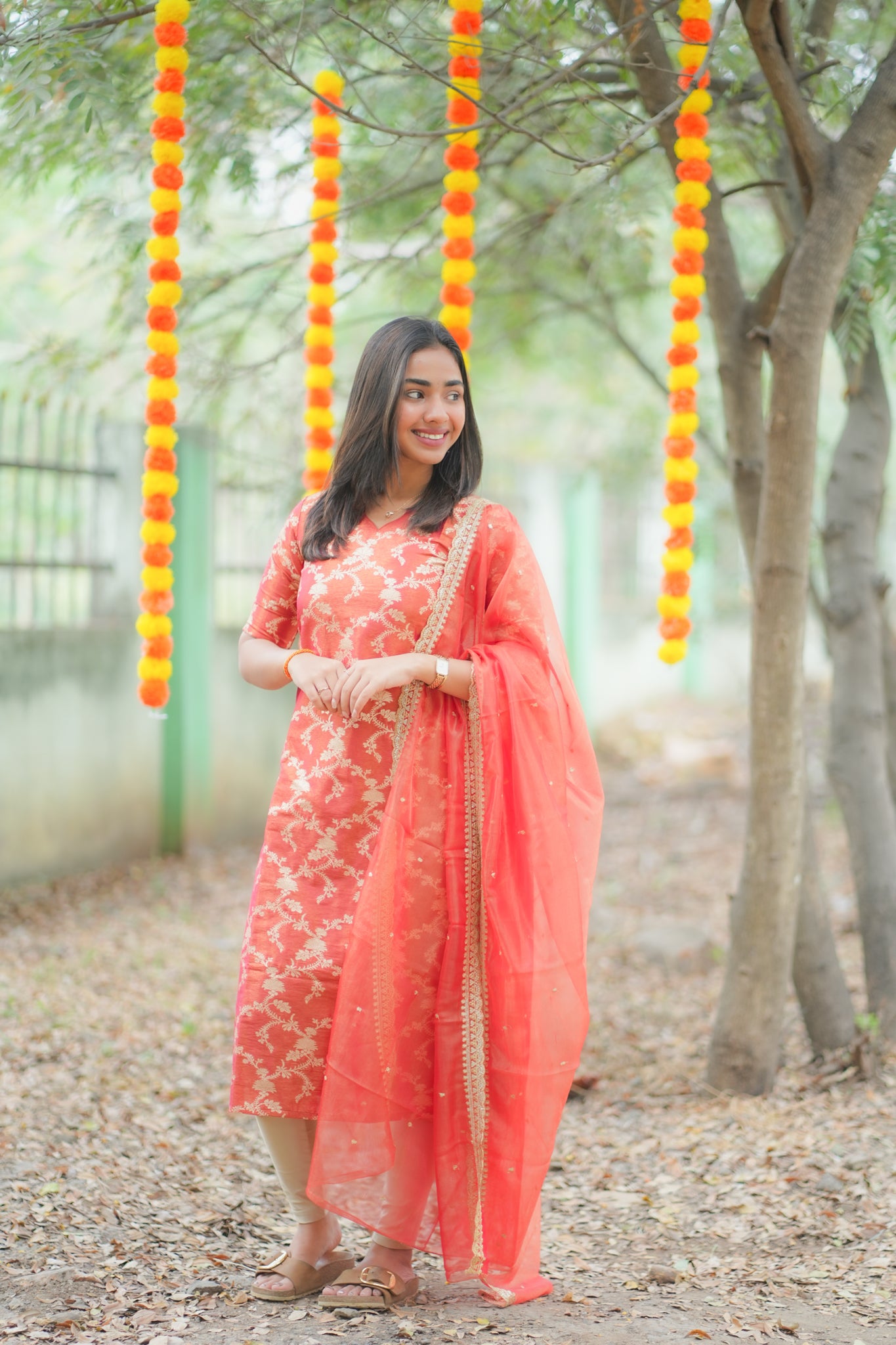 AA157 Red with Golden Floral Zari Weaving Tissue Silk Kurti with Organza Sequence Dupatta