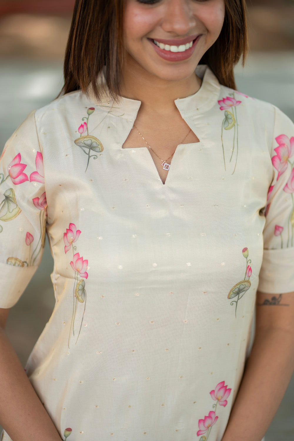 AA274 White with Golden motifs Shimmer Silk Lotus Print Kurti