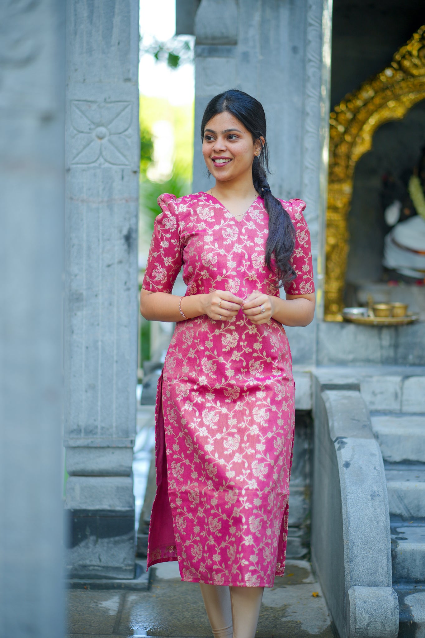 AA106 Hot Pink Tissue Brocade  Silk kurti with Designer Organza  Dupatta