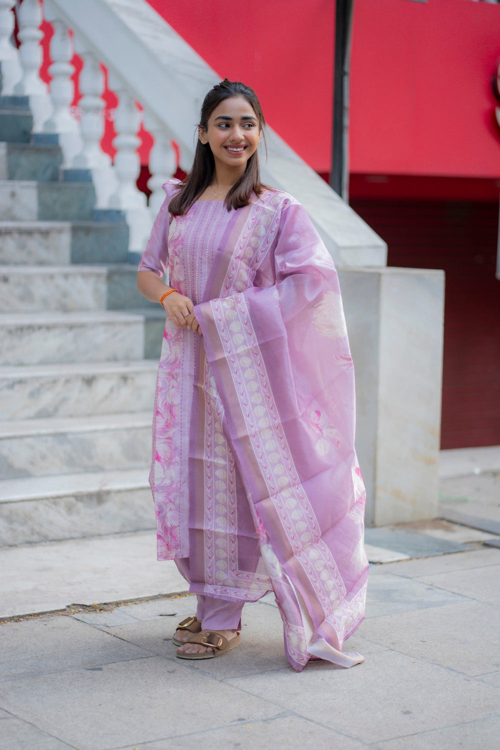 AA235 Lavender Floral Tussar Silk 3 Pc Set