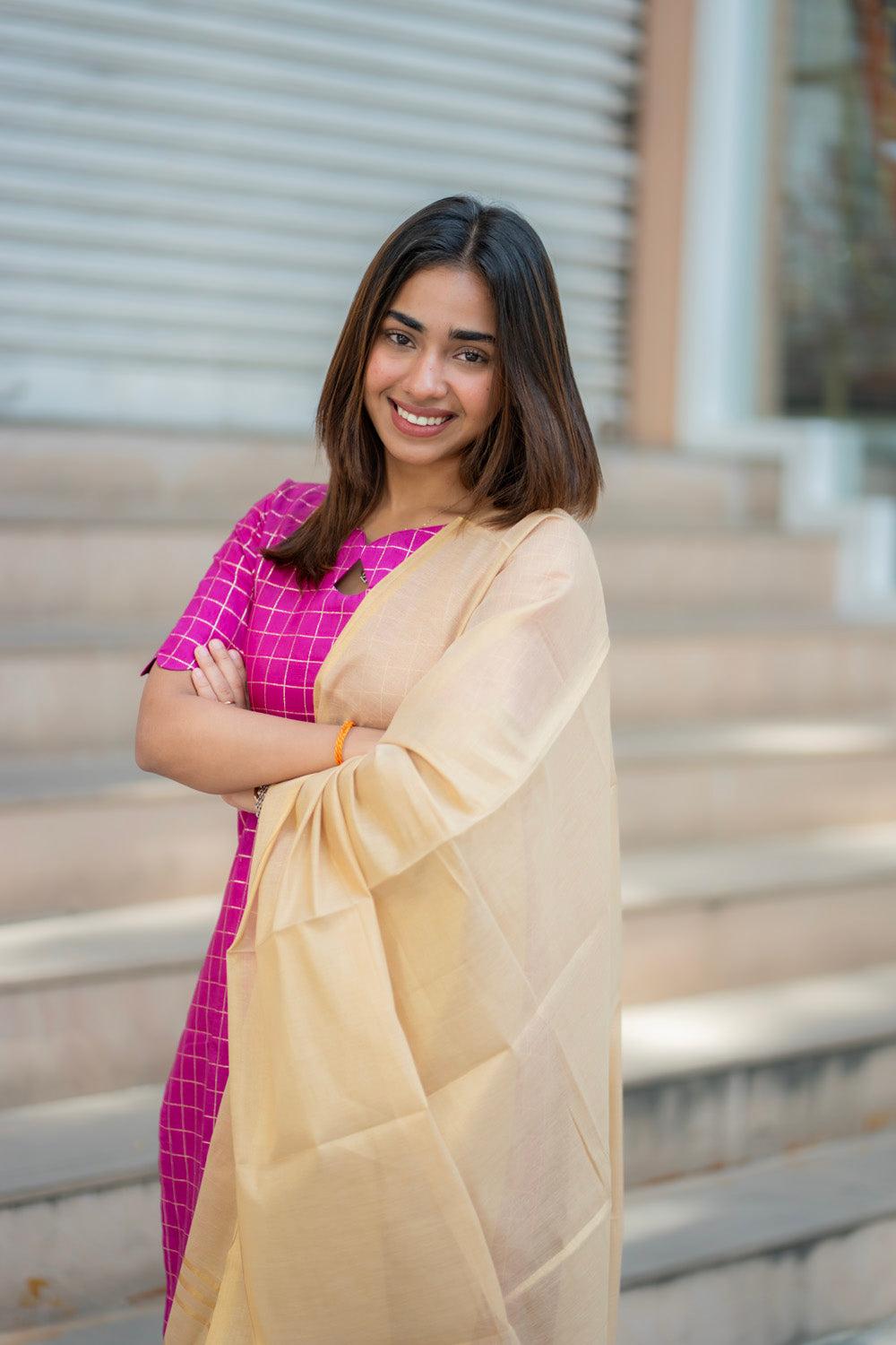 AA278 Magenta Pink Checks with Temple Border Dolla Silk Kurti with Golden Tissue Silk Dupatta