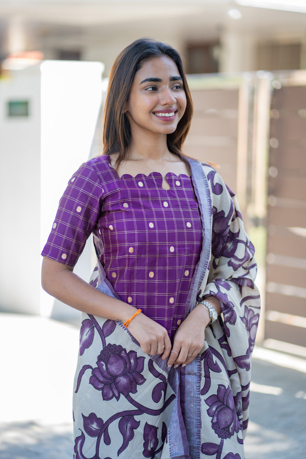 AA268 Purple Checks Raw Silk Kurti with Kalmkari Dupatta