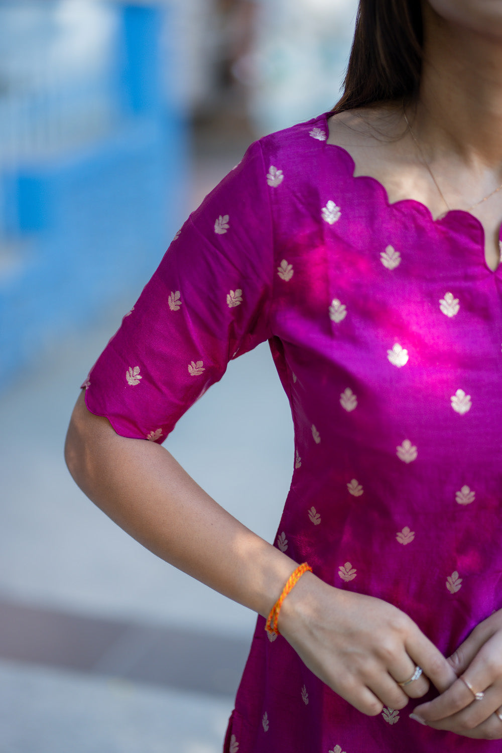 AA264 Pink Banarasi Silk Kurti with Rust Orange Silk Dupatta