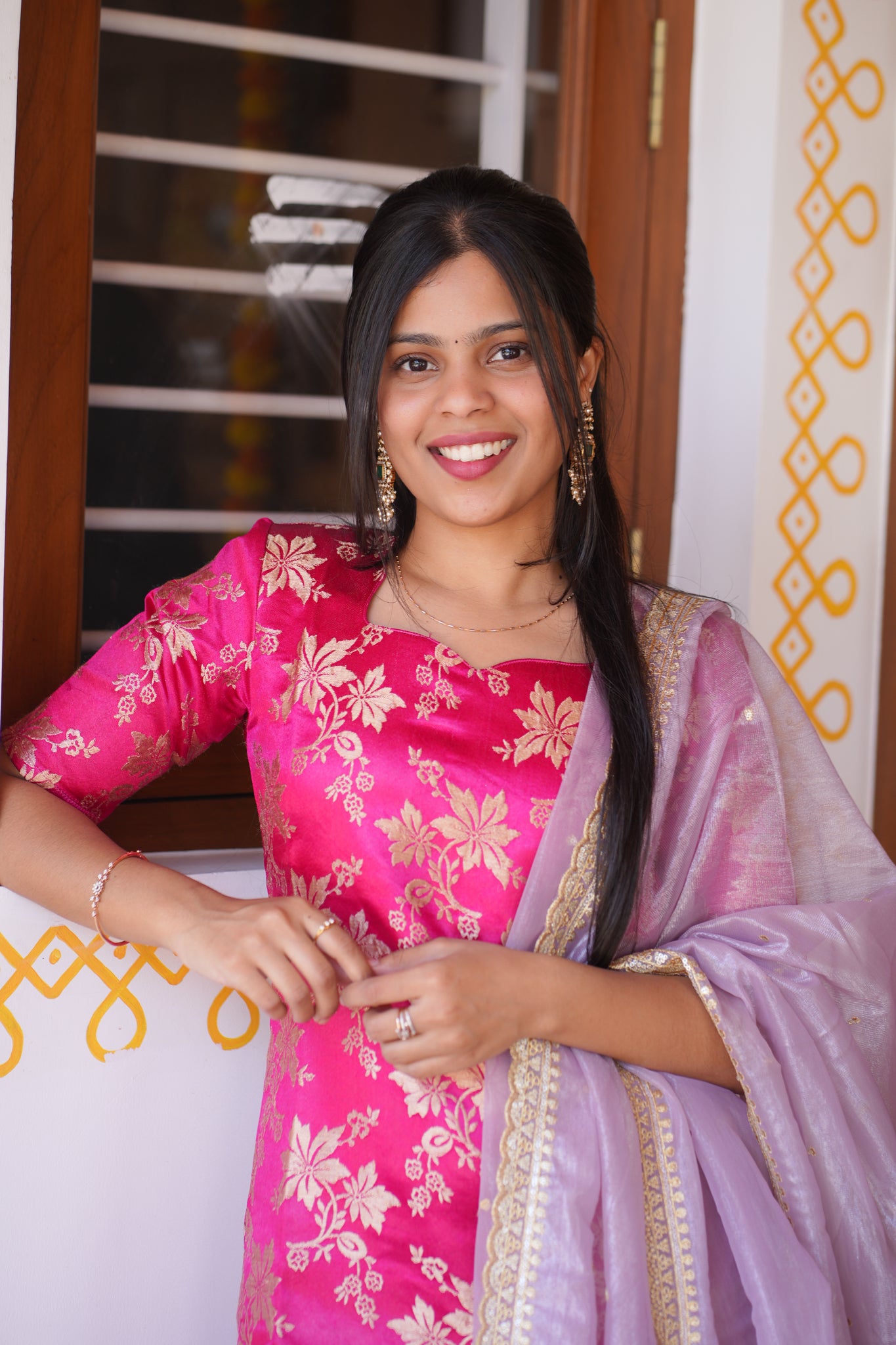 AA155 Bright Pink Brocade Silk Kurti & Pant with Lavender Organza Sequence Dupatta(3 Pc Set)