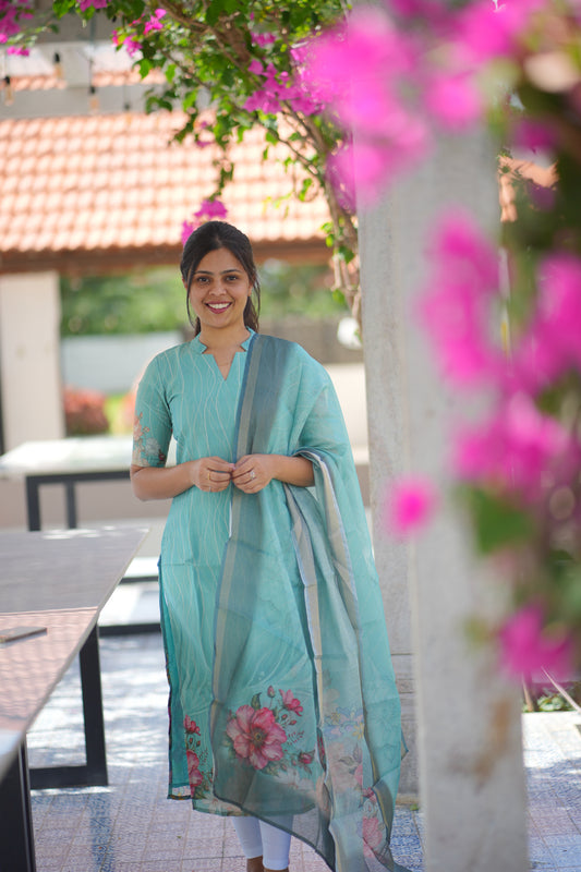 AA113 Blue Lines Tissue Silk Kurti with Dupatta