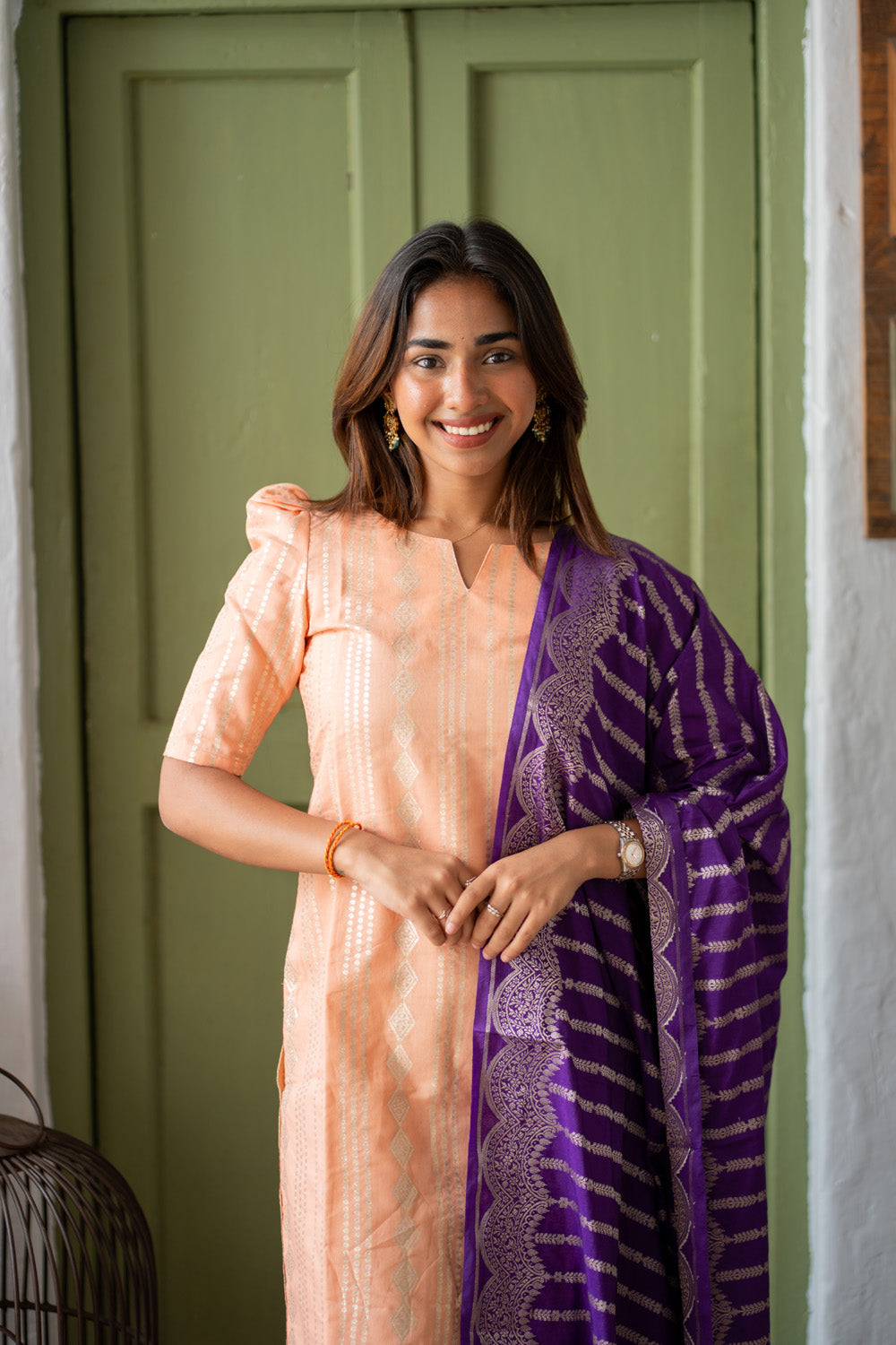 Peach Chanderi Diamond Stripes & Butta Kurti with Violet Banarasi Jacquard Dupatta