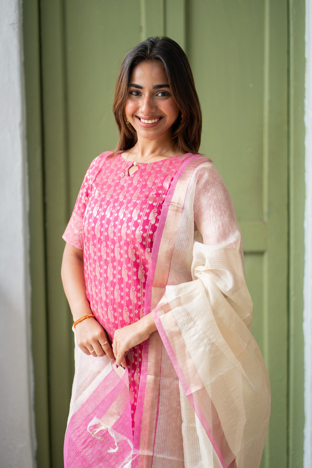 AA306 Pink Banarasi Silk Salwar Set With Beautiful Border & White Kota Dupatta with Pink Border